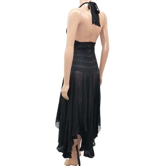 Y2K BCBGMaxazria Midi Dress Whimsigoth Silk Lace Gown Black Halter Neck 8 - Picture 6 of 7